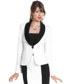 Pop star: designed with a contrast-color wing collar, this blazer from Sequin Hearts fuses eye-catching design with a sleek and tailored fit. Pop star: designed with a contrast-color wing collar, this blazer from Sequin Hearts fuses eye-catching design with a sleek and tailored fit.