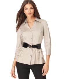 Alfani gives this petite shirt a feminine twist, adding tiered detail at the hips and a sleek contrasting belt. Pair with skinny pants and heels or tall boots for a fresh take on workwear. Alfani gives this petite shirt a feminine twist, adding tiered detail at the hips and a sleek contrasting belt. Pair with skinny pants and heels or tall boots for a fresh take on workwear.