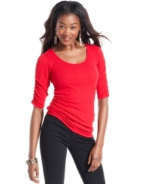 Planet Gold elevates this every day top with ribbed fabric and cute ruched design!