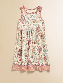 A fun take on a classic frock, this flower-printed design in pure cotton is bright and cheery.CrewneckSleevelessSide zip and shoulder buttonsSmocked waistlineA-line silhouetteStriped armholes, neck and hemCottonMachine washImported A fun take on a classic frock, this flower-printed design in pure cotton is bright and cheery.CrewneckSleevelessSide zip and shoulder buttonsSmocked waistlineA-line silhouetteStriped armholes, neck and hemCottonMachine washImported