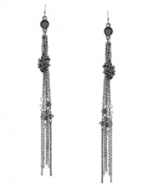 Fringe benefits. Delicate chains and clear and grey-colored glass accents adorn Jessica Simpson's chic, shoulder-dusting style. Earrings crafted in silver tone mixed metal on ear wire. Approximate drop: 4-1/2 inches.