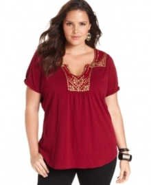 Spice up your casual style with Lucky Brand Jeans' short sleeve plus size top, accented by an embellished neckline. Spice up your casual style with Lucky Brand Jeans' short sleeve plus size top, accented by an embellished neckline.