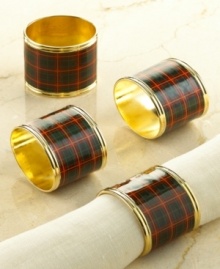 Plaid makes perfect. Goldtone metal and a classic print make this set of Lenox Nouveau Plaid napkin rings a handsome accessory for holiday tables. Plaid makes perfect. Goldtone metal and a classic print make this set of Lenox Nouveau Plaid napkin rings a handsome accessory for holiday tables.