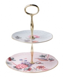Create a scene worthy of warm scones and finger sandwiches with the Cuckoo two-tier cake stand. Wedgwood bone china adorned with twinkling gold, fanciful birds and vintage blooms embrace the splendid English tradition. Create a scene worthy of warm scones and finger sandwiches with the Cuckoo two-tier cake stand. Wedgwood bone china adorned with twinkling gold, fanciful birds and vintage blooms embrace the splendid English tradition.