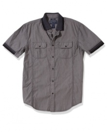 Get sporty in stripes. You'll be the style kingpin in this updated short-sleeve shirt from American Rag. Get sporty in stripes. You'll be the style kingpin in this updated short-sleeve shirt from American Rag.