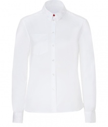 Stylish top in fine, white cotton - Super comfortable thanks to a touch of stretch - Slim, classic button down silhouette, cut slightly longer in the back - Small collar, chest pocket and gently rounded hem - The details we love: delicate, white lace trim at sides and red button at neck - Go for a casual look with jeans and ballet flats, or dress it up with a pleated mini and ankle booties