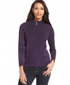 Classic cables get a ladylike makeover from Karen Scott -- this petite pullover features pearlized buttons at the neckline.