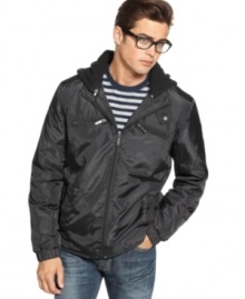 Getting caught in the rain is a thing of the past when you're suited up in the ultra-sleek wear-anywhere design of this Kenneth Cole Windbreaker, complete with a detachable fleece hood. Getting caught in the rain is a thing of the past when you're suited up in the ultra-sleek wear-anywhere design of this Kenneth Cole Windbreaker, complete with a detachable fleece hood.