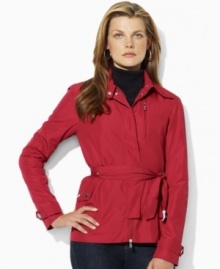A lightweight belted design that's perfect for the fickle weather between seasons, Lauren by Ralph Lauren's petite jacket features easy snap closures and large front pockets for handy storage. A lightweight belted design that's perfect for the fickle weather between seasons, Lauren by Ralph Lauren's petite jacket features easy snap closures and large front pockets for handy storage.