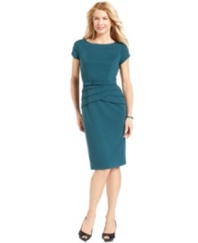 Evan Picone's petite ponte-knit sheath looks sleek with coordinating belt and tiered peplum detail. Evan Picone's petite ponte-knit sheath looks sleek with coordinating belt and tiered peplum detail.