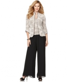 A sparkly printed petite jacket and cami with crisp piped trim make an elegant option for an evening out. Pair with dressy chiffon pants or your favorite floor-length skirt for a dazzling look. A sparkly printed petite jacket and cami with crisp piped trim make an elegant option for an evening out. Pair with dressy chiffon pants or your favorite floor-length skirt for a dazzling look.