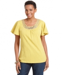 A neckline bedecked with beading and sequins makes this petite top by JM Collection a versatile tee that transitions from day to night with the right accessories! A neckline bedecked with beading and sequins makes this petite top by JM Collection a versatile tee that transitions from day to night with the right accessories!
