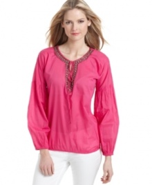 MICHAEL Michael Kors makes a petite peasant top go glam with the addition of a sparkling jeweled, beaded neckline and dashing drawstring closure. MICHAEL Michael Kors makes a petite peasant top go glam with the addition of a sparkling jeweled, beaded neckline and dashing drawstring closure.