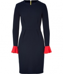 Add a high style kick to your cocktail-ready look with this ultra-feminine sheath dress from London It designer Roksanda Ilincic - Round neck, long sleeves with colorblock ruffled cuffs, fitted silhouette with darts at waist, exposed back zip closure - Wear with sky-high platform pumps and a statement bag