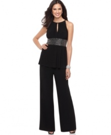 R&M Richards' presents a new look for summer parties and occasions: An alluring keyhole cutout at the chest and wide beaded waistband elevates this top and pants ensemble for evening. R&M Richards' presents a new look for summer parties and occasions: An alluring keyhole cutout at the chest and wide beaded waistband elevates this top and pants ensemble for evening.