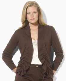 This plus size Lauren by Ralph Lauren open-front cardigan is crafted with a chic drawstring placket and can be worn long or cropped with the strings tied. This plus size Lauren by Ralph Lauren open-front cardigan is crafted with a chic drawstring placket and can be worn long or cropped with the strings tied.