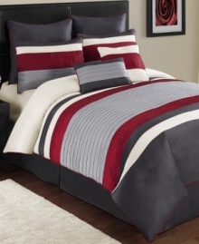 Line up. Vertical and horizontal lines in sophisticated tones enhance the look of your space in this Rowan comforter set, complete with bedskirt, shams and decorative pillows for a total refresh. Line up. Vertical and horizontal lines in sophisticated tones enhance the look of your space in this Rowan comforter set, complete with bedskirt, shams and decorative pillows for a total refresh.