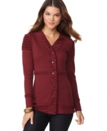 Cozy up to this cute petite cardigan by Heather B! Head-turning details like a thick ruched placket and pintuck ruffle trim make this one anything but basic! (Clearance) Cozy up to this cute petite cardigan by Heather B! Head-turning details like a thick ruched placket and pintuck ruffle trim make this one anything but basic! (Clearance)