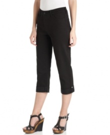 Capris in basic black are super-flattering from Not Your Daughter's Jeans. Rhinestone button tabs add a little extra bling to casual days! Capris in basic black are super-flattering from Not Your Daughter's Jeans. Rhinestone button tabs add a little extra bling to casual days!