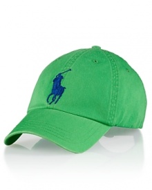 A preppy baseball cap in signature cotton twill features athletic-inspired embroidery for iconic heritage. A preppy baseball cap in signature cotton twill features athletic-inspired embroidery for iconic heritage.