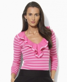 A cascade of ruffles with tipped detailing at the V-neckline lends feminine charm to the chic petite long-sleeved Lauren by Ralph Lauren top in breathable cotton jersey. (Clearance)