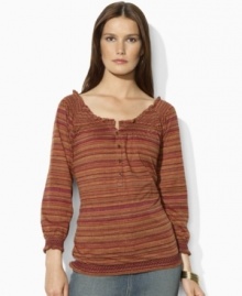 Bohemian inspiration comes to life in Lauren by Ralph Lauren's soft cotton jersey top, finished with smocked detailing at the neckline, cuffs and hem. Bohemian inspiration comes to life in Lauren by Ralph Lauren's soft cotton jersey top, finished with smocked detailing at the neckline, cuffs and hem.