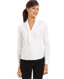 Ruffles update a classic white shirt from Nine West. The tailored fit makes this a perfect piece for layering with your skirts and pantsuits.