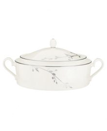 Birch branches grow around this pure white porcelain covered vegetable bowl, turning formal tables into serene landscapes. A contemporary design refined in polished platinum with a breezy, all-natural beauty. With double handles and an ornamented lid. From Noritake's collection of serveware and serving dishes. Birch branches grow around this pure white porcelain covered vegetable bowl, turning formal tables into serene landscapes. A contemporary design refined in polished platinum with a breezy, all-natural beauty. With double handles and an ornamented lid. From Noritake's collection of serveware and serving dishes.