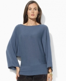 Look relaxed and polished in Lauren Ralph Lauren's three-quarter-sleeved petite boatneck top, fashioned in a substantial cotton jersey with dolman sleeves for comfort and a sleek silhouette. Look relaxed and polished in Lauren Ralph Lauren's three-quarter-sleeved petite boatneck top, fashioned in a substantial cotton jersey with dolman sleeves for comfort and a sleek silhouette.