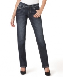 Earl Jean adorned this petite pair of jeans with sparkly studded details and thick contrasting stitching at the waist and pockets as a unique flourish.