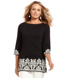 Make an impression in on-trend black and white with Charter Club's chic petite tunic. Pair it with white pants for summer or take it into fall with dark jeans. Make an impression in on-trend black and white with Charter Club's chic petite tunic. Pair it with white pants for summer or take it into fall with dark jeans.