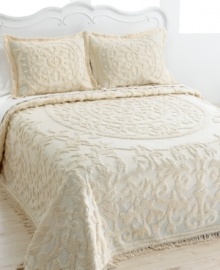 The Laura bedspread features gorgeous medallion and vine patterns in glorious tufted chenille over natural cotton. Coordinate this warm bedding addition with soft, solid sheeting for an elegant and effortless update. The Laura bedspread features gorgeous medallion and vine patterns in glorious tufted chenille over natural cotton. Coordinate this warm bedding addition with soft, solid sheeting for an elegant and effortless update.