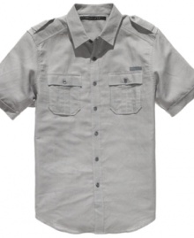 Military styling, at-ease. This Sean John shirt takes some R&R in a breezy linen blend. Military styling, at-ease. This Sean John shirt takes some R&R in a breezy linen blend.