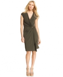 Fluid draping and a ruffle detail adds feminine flair to this MICHAEL Michael Kors wrap-style petite dress -- perfect for a pretty yet pulled-together look! Fluid draping and a ruffle detail adds feminine flair to this MICHAEL Michael Kors wrap-style petite dress -- perfect for a pretty yet pulled-together look!