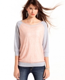Tiny sequins add a surprising dose of girlish glam to this raglan-style pullover from Miss Chevious! Tiny sequins add a surprising dose of girlish glam to this raglan-style pullover from Miss Chevious!