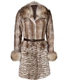 Prowl the urban jungle in ultra luxe style in Philosophy di Alberta Ferrettis exquisitely styled animal print fur coat, complete with dramatic trim for maximum impact - V-neckline, long sleeves, contrast fur collar and cuffs, belted waistline - Tailored fit - Pair with tailored sheaths and jet black accessories Prowl the urban jungle in ultra luxe style in Philosophy di Alberta Ferrettis exquisitely styled animal print fur coat, complete with dramatic trim for maximum impact - V-neckline, long sleeves, contrast fur collar and cuffs, belted waistline - Tailored fit - Pair with tailored sheaths and jet black accessories