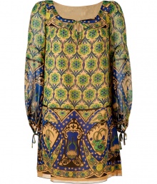 Work an opulent edge into your Boho-chic looks with Anna Suis printed silk shift - Square neckline with slit and tie, long sleeves, drawstring cuffs - Loosely fitted - Wear with ballerinas and bright green accessories