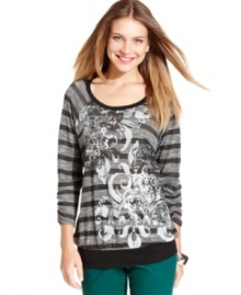 A scrolling print overlaps with graphic stripes on Style&co.'s casual petite tunic. A natural choice for pairing with this season's colored jeans and corduroys! A scrolling print overlaps with graphic stripes on Style&co.'s casual petite tunic. A natural choice for pairing with this season's colored jeans and corduroys!