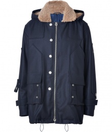 Utilitarian styling gets an exquisitely modern remake in Ermanno Scervinos navy wool parka, detailed in a luxurious mix of virgin wool and shearling for chic results guaranteed to keep you warm in style - Shearling lined spread collar, removable shearling lined hood, long sleeves with velcro tabbed cuffs, optional front zip or snap closures, 4 front patch pockets, drawstring hemline, back vent, quilted nylon lining, inside slit pockets - Classic straight fit - Pair with sleek leather gloves and cashmere knit hats Utilitarian styling gets an exquisitely modern remake in Ermanno Scervinos navy wool parka, detailed in a luxurious mix of virgin wool and shearling for chic results guaranteed to keep you warm in style - Shearling lined spread collar, removable shearling lined hood, long sleeves with velcro tabbed cuffs, optional front zip or snap closures, 4 front patch pockets, drawstring hemline, back vent, quilted nylon lining, inside slit pockets - Classic straight fit - Pair with sleek leather gloves and cashmere knit hats