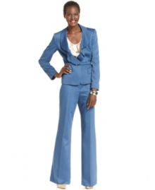 A ruffled collar and a belted waist accent the unique cut of Anne Klein's petite suit. Fashionably flared trousers complete the look. A ruffled collar and a belted waist accent the unique cut of Anne Klein's petite suit. Fashionably flared trousers complete the look.