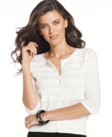 Design History's petite cardigan is chock-full of charming details! Ruffles, beads and sequins make up this brilliant sweater! Design History's petite cardigan is chock-full of charming details! Ruffles, beads and sequins make up this brilliant sweater!