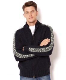 A classic fair isle pattern adds character to this zip front sweater from Nautica. A classic fair isle pattern adds character to this zip front sweater from Nautica.