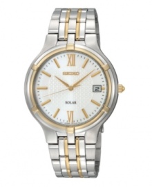 Classically handsome two tone link design pairs with solar technology in this exclusive Seiko watch offering ten-month energy storage, quick start function and energy depletion warning. Two tone mixed metal bracelet and round case, 37mm. Patterned white dial features luminous hands, goldtone stick indices, Roman numerals at twelve and six o'clock, date window at three o'clock and logo. Solar quartz movement. Water resistant to 30 meters. Three-year limited warranty. A Macy's exclusive.