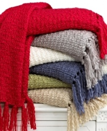 Perfect for lounging on your favorite couch or chair, this Textured Yarn throw from Martha Stewart Collection wraps you in superior warmth and adds a touch of casual style to your space. Red and ivory color options feature metallic accents. Perfect for lounging on your favorite couch or chair, this Textured Yarn throw from Martha Stewart Collection wraps you in superior warmth and adds a touch of casual style to your space. Red and ivory color options feature metallic accents.