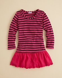 Old World charm infuses this tres chic stripe dress with dainty eyelet trim. Old World charm infuses this tres chic stripe dress with dainty eyelet trim.