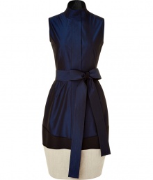 Luxe sleeveless dress in fine, cotton and synthetic fiber blend - Elegant, on-trend colorblocking in shades of midnight blue, black and cream - Chic m?lange of multi-texture fabrics - Slim silhouette tapers at waist - Stand-up collar, oversize bow tie belt at waist - Fashionable tulip-style skirt hits just above the knee - Modern and glamorous, ideal for parties and evenings out - Pair with strappy sandals or platform pumps