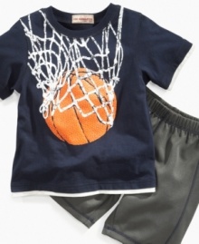 Take the shot! No one will contest how cute and comfy he'll be in this graphic shirt and short set from Kids Headquarters. Take the shot! No one will contest how cute and comfy he'll be in this graphic shirt and short set from Kids Headquarters.