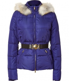 A royal blue hue covers this quilted down jacket from Emilio Pucci - Stand collar, fox fur-lined hood, front zip closure, long sleeves, belted waist, zip pockets, slim fit - Wear with slim jeans and shearling boots or an office-ready ensemble