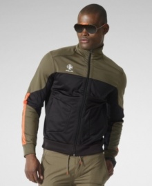 An active fusion of stretch microfiber and mesh, an essential jacket is designed for high performance and a sporty aesthetic with a protective mockneck collar and Coolmax® technology. An active fusion of stretch microfiber and mesh, an essential jacket is designed for high performance and a sporty aesthetic with a protective mockneck collar and Coolmax® technology.