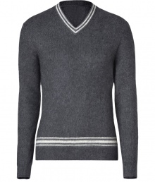 Work a contemporary edge into your chic knitwear collection with Marc by Marc Jacobs varsity-style silk-cashmere pullover - V-neckline, long sleeves, fine ribbed trim - Modern slim, straight fit - Pair with everything from jeans and tees to blazers and boots